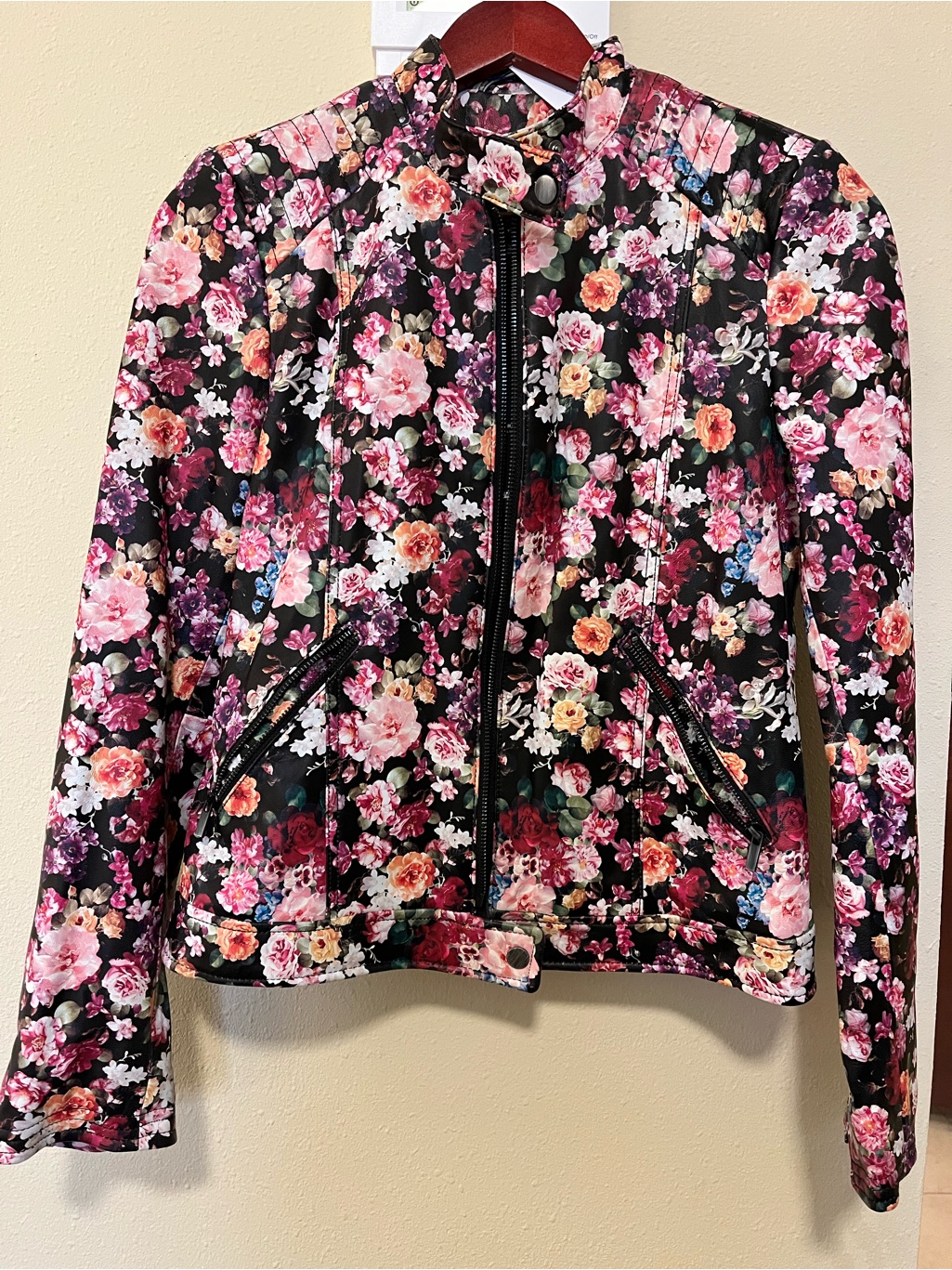 Neiman Marcus Black Floral Moto Jacket With Pink Roses